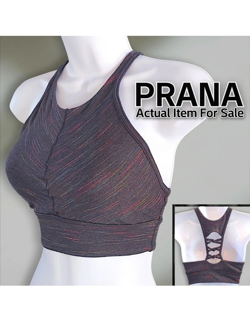 prAna Itzel High Neck Open Back Grey Pink Blue Yellow Sports Bra Womens XS